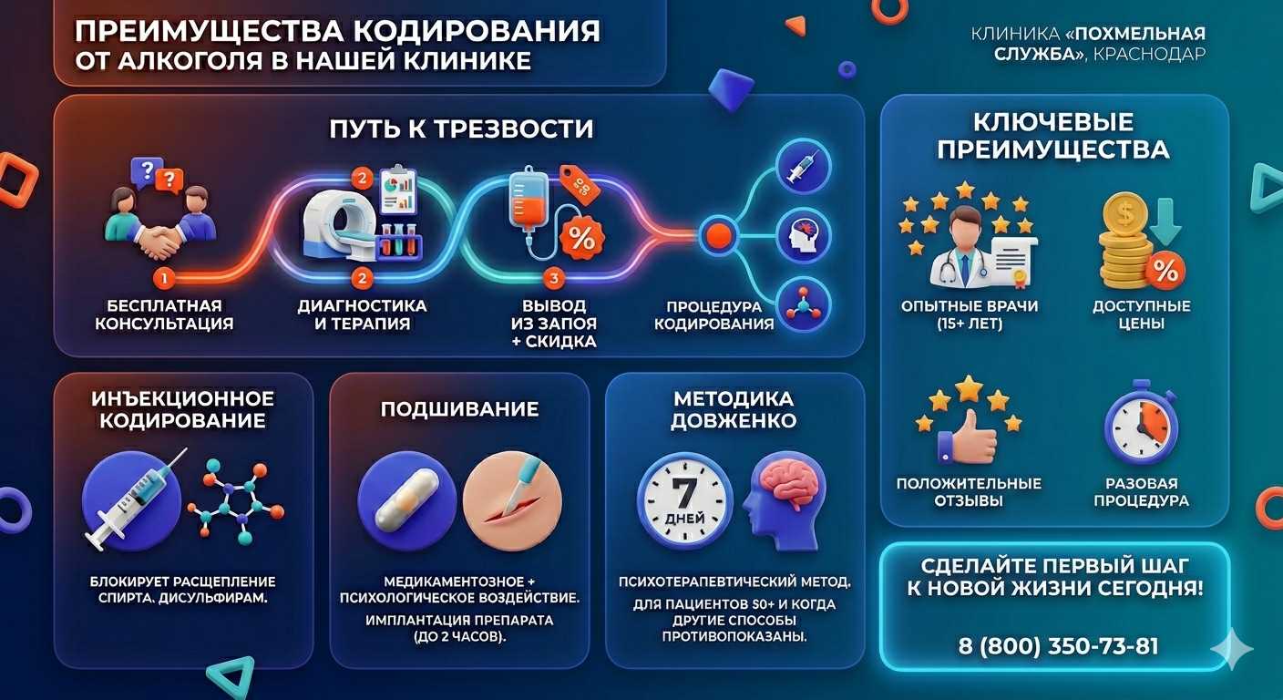 Инфографика о методах кодирования от алкоголя в Ногинске: инъекции, подшивание, метод Довженко. Преимущества клиники и этапы лечения.